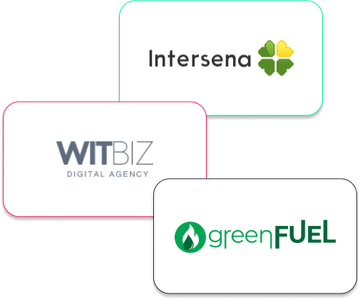 três cards com o logo da empresa intersena, witbiz e greenful.